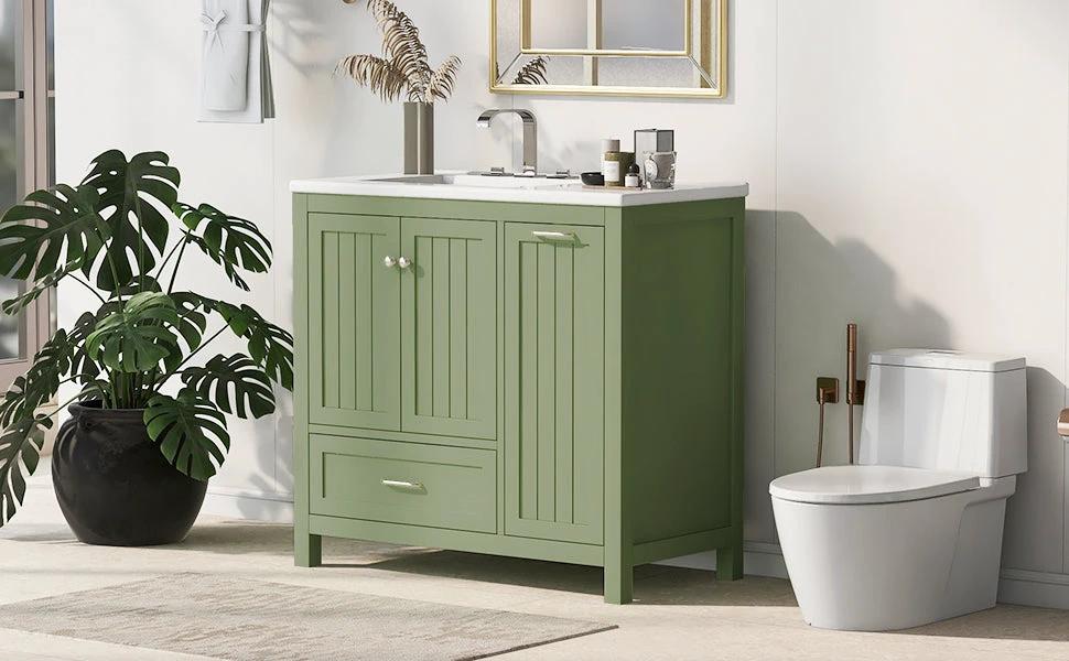 36 inch bathroom vanity with sink, one double door cabinet one large drawer and one flip drawer solid wood and MDF board, green by eprolo
