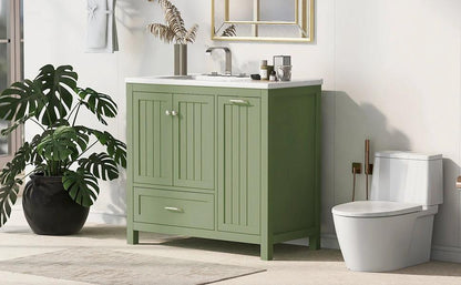 36 inch bathroom vanity with sink, one double door cabinet one large drawer and one flip drawer solid wood and MDF board, green by eprolo
