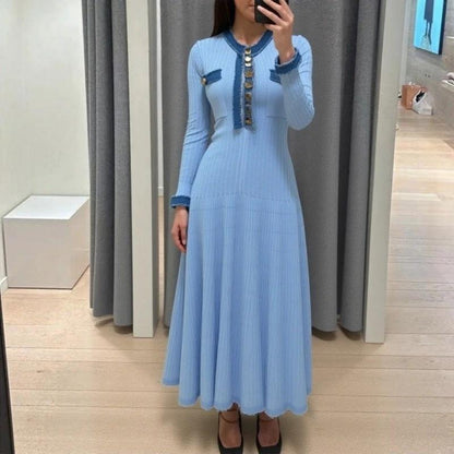 Autumn/Winter New Long Sleeve Denim Knit Maxi Dress, Simple Short Sleeve Long Dress, Slim Fit Sweater Dress V-Neck by eprolo