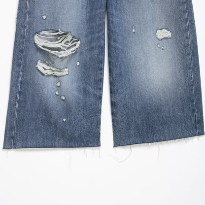 Broken hole decoration mid waist denim casual shorts