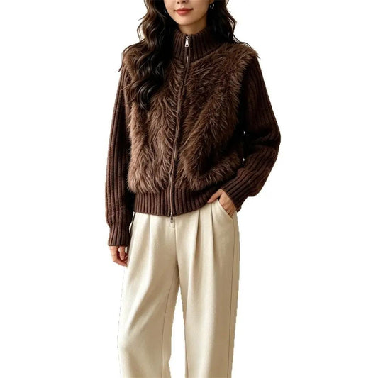 Double zipper stand-collar cardigan with brown faux-fur front panel and long sleeves