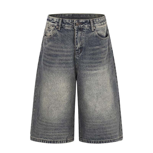 Washed and used cat whiskers straight leg denim cropped pants