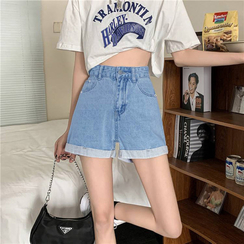 Pantalones cortos vaqueros informales versátiles para mujer, de talle alto, adelgazantes, para primavera y verano.