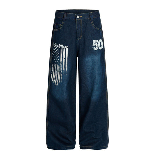 Printed and painted denim wide leg pants