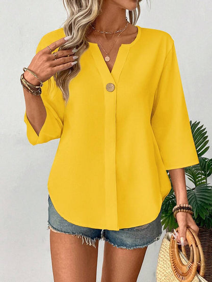 Chemise décontractée unie ample avec petit col en V et boutons