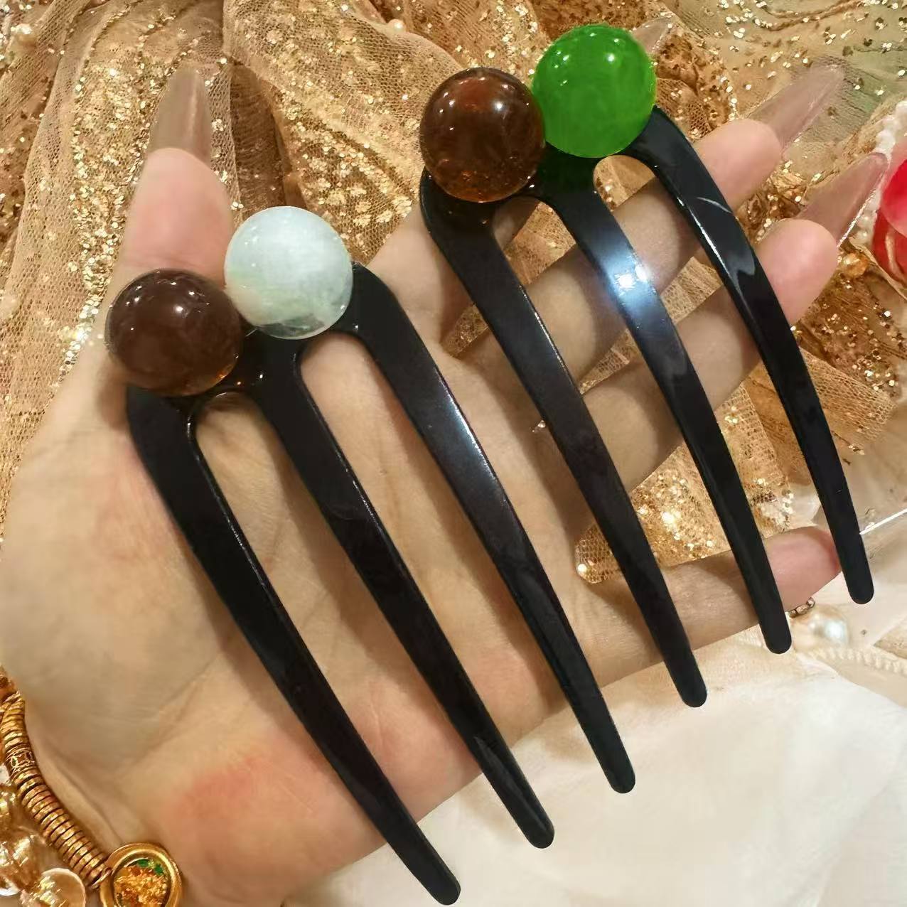 Simple Beads Three-tooth Hairpin For Women All-matching Graceful