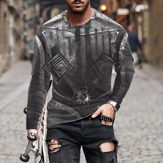 Men's long-sleeve graphic tee in dark gray with a silver mechanical piston design.