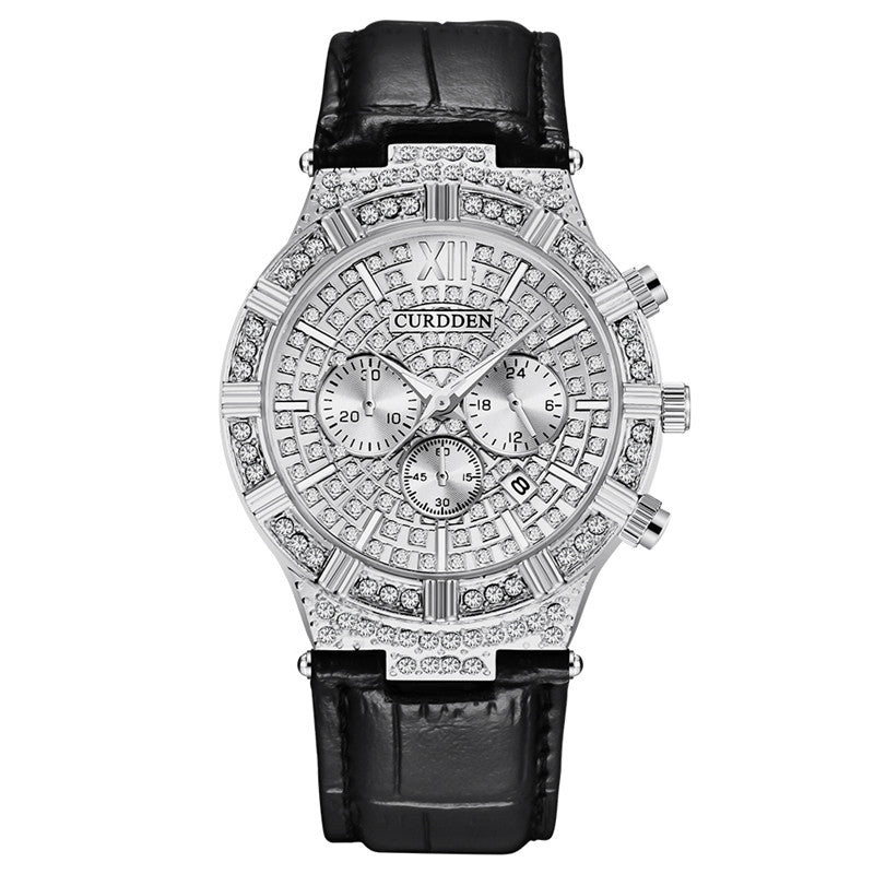 Reloj de cuarzo para hombre con incrustaciones de diamantes de imitación, diseño de tres ojos, correa de moda