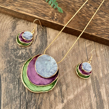 Peinture de couleur Huile Anneau à trois couches Pendentif creux Boucles d'oreilles et collier Ensemble