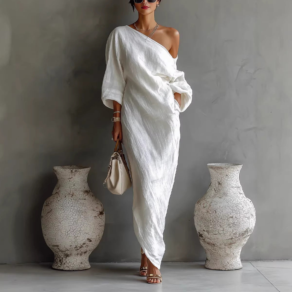 Robe longue irrégulière à épaules dénudées, élégante, à manches longues, pour les vacances à la plage pour femmes
