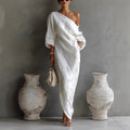 Robe longue irrégulière à épaules dénudées, élégante, à manches longues, pour les vacances à la plage pour femmes