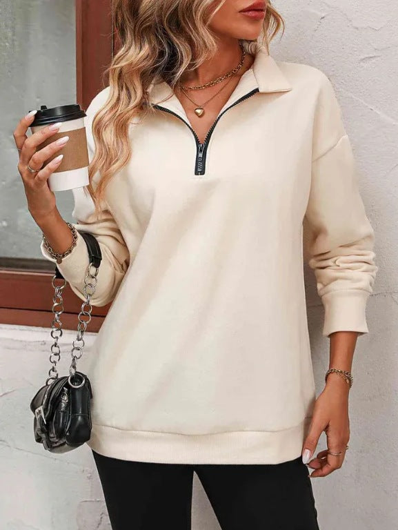 Sweat-shirt zippé mi-manches pour femmes, pull à la mode