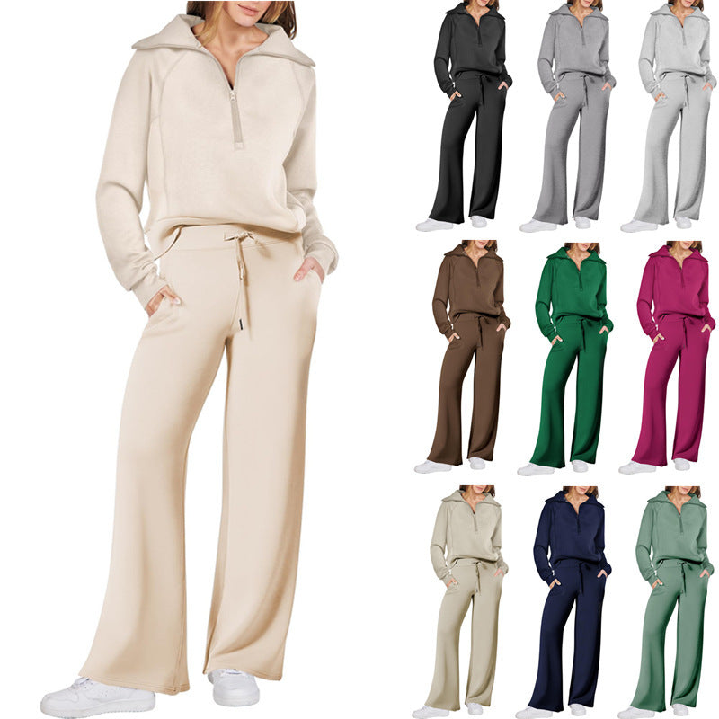 Ensemble décontracté deux pièces : Sweat-shirt zippé à manches longues et pantalon large