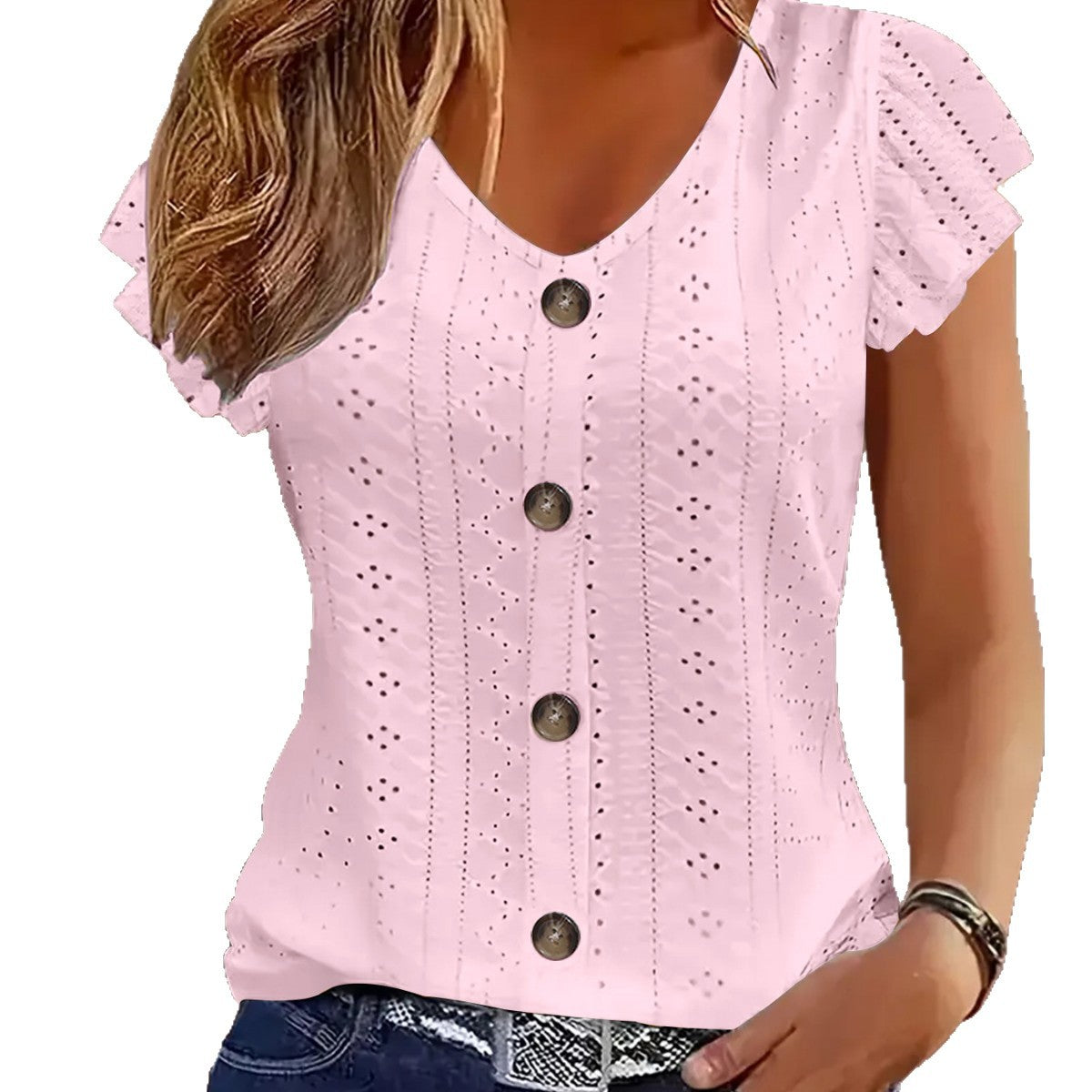 Solid Color Jacquard V-neck Buttons Long Sleeve T-shirt