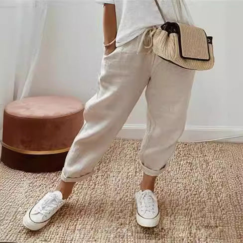 Pantacourt en coton et lin à taille élastique pour femme