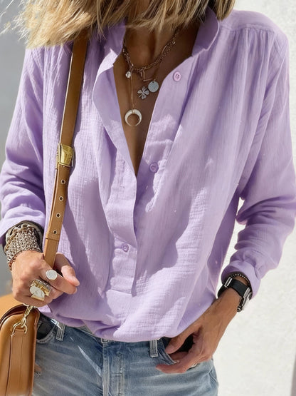 Chemisier pull à manches longues décontracté ample et élégant en coton et lin de couleur unie avec boutons style rétro