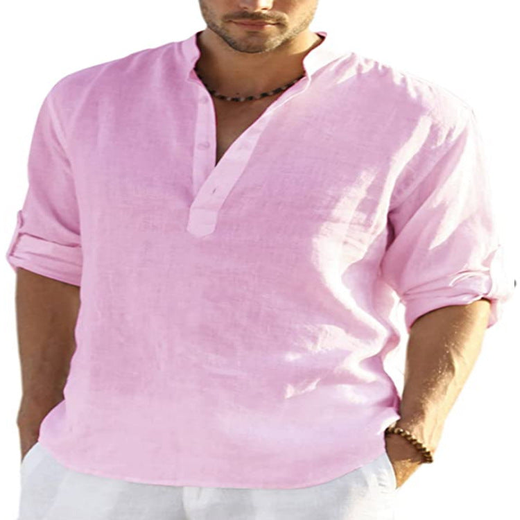 Camisa de manga larga de algodón y lino para hombre, color sólido, cuello levantado, holgada