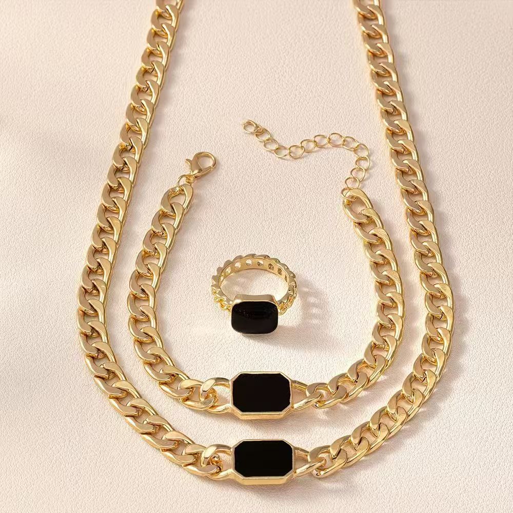 Parure de bijoux géométrique en forme de chaîne, collier, bracelet et bague