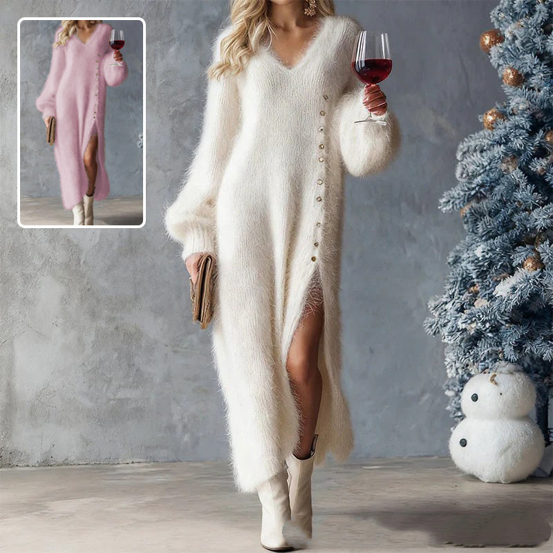 Robe Longue Tricotée Chic Fendue avec Boutons Col V Hiver Doublure Polaire Robes Maxi Soirée Fête Club Mode Vêtements Féminins