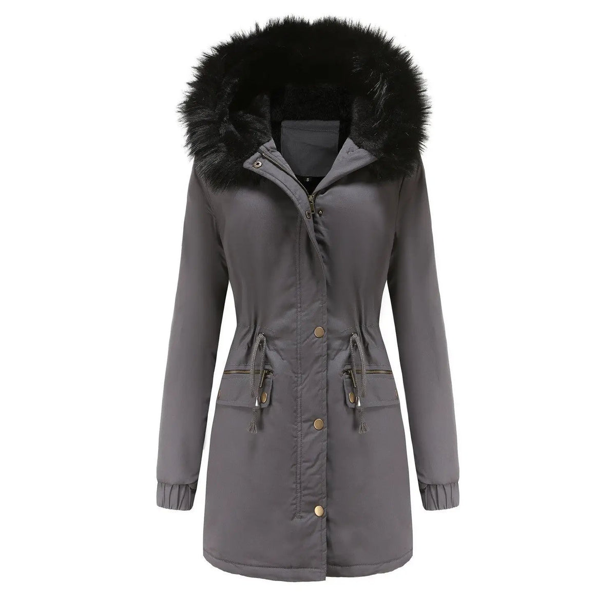 Women's gray plush hooded parka with black faux fur trim, mid-length coat with zip front and buckle pockets
