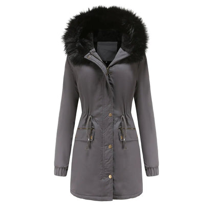 Women's gray plush hooded parka with black faux fur trim, mid-length coat with zip front and buckle pockets