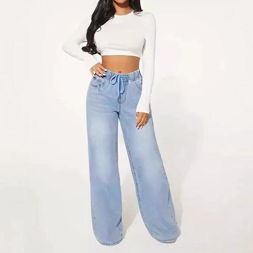 25 Edition – High Waist Drawstring Wide Leg Jeans – Light Blue by JeansDenim.Store