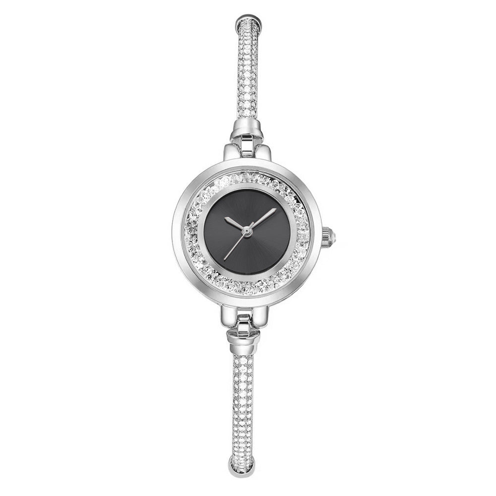 Reloj de pulsera de mujer de correa delgada con pedrería, esfera pequeña con purpurina líquida, reloj de pulsera retráctil ajustable