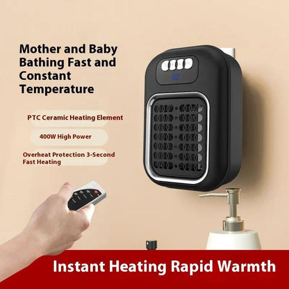 AdTec wall-mounted portable electric heater with remote, black compact unit with digital temperature display