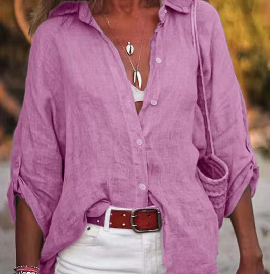 Chemise ample en coton et lin de couleur unie