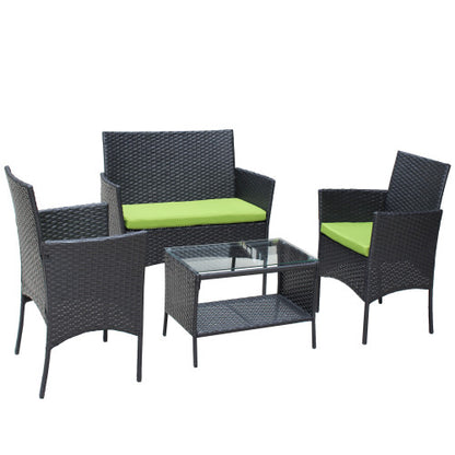 Juego de muebles de patio de ratán de 4 piezas con cojín, sofá de mimbre, cojín verde