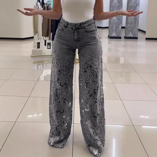 Fashionable Patchwork Denim Jeans For Women With Hollowed-Out Lace Details