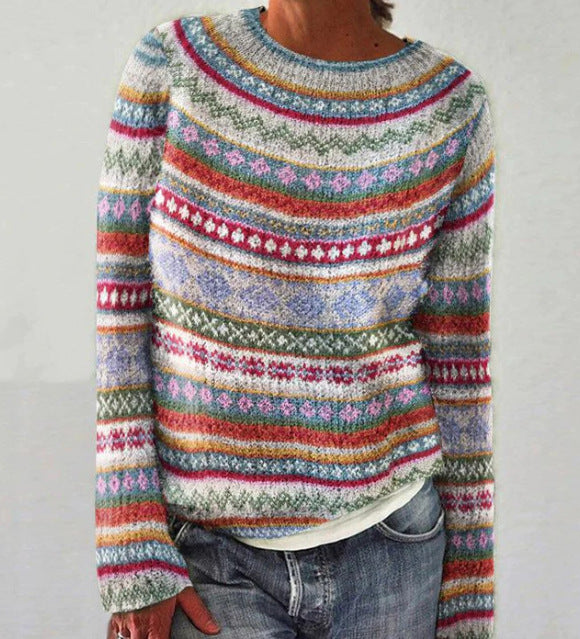 Suéter holgado de moda multicolor con cuello redondo para mujer