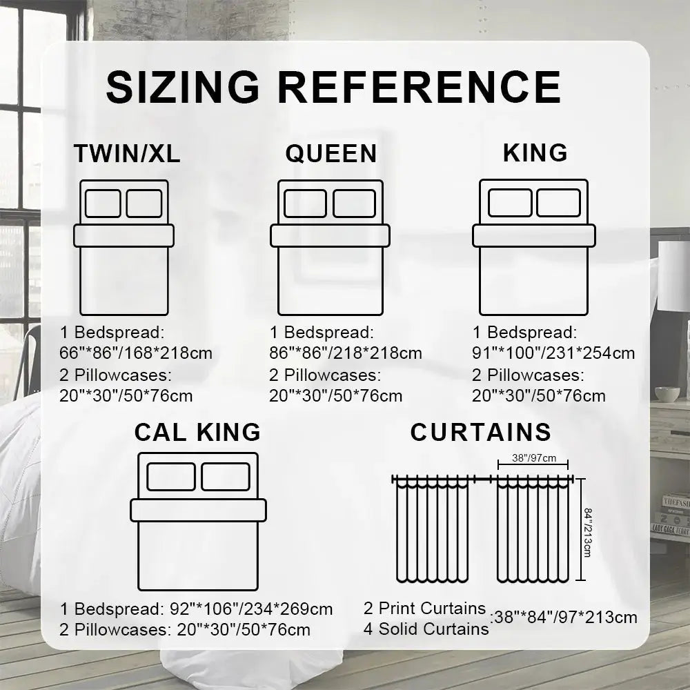 9-Piece Turquoise Paisley Bedding & Curtain Set sizing reference for Twin–Cal King beds, bedspreads and curtains.