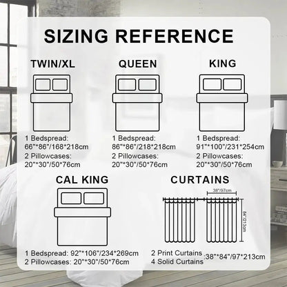 9-Piece Turquoise Paisley Bedding & Curtain Set sizing reference for Twin–Cal King beds, bedspreads and curtains.