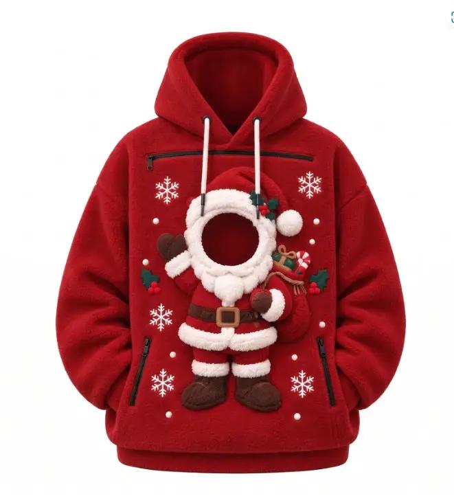 Pet Christmas 3D printed hooded pullover sweatshirt by AdTec in red with Santa applique and white drawstrings.