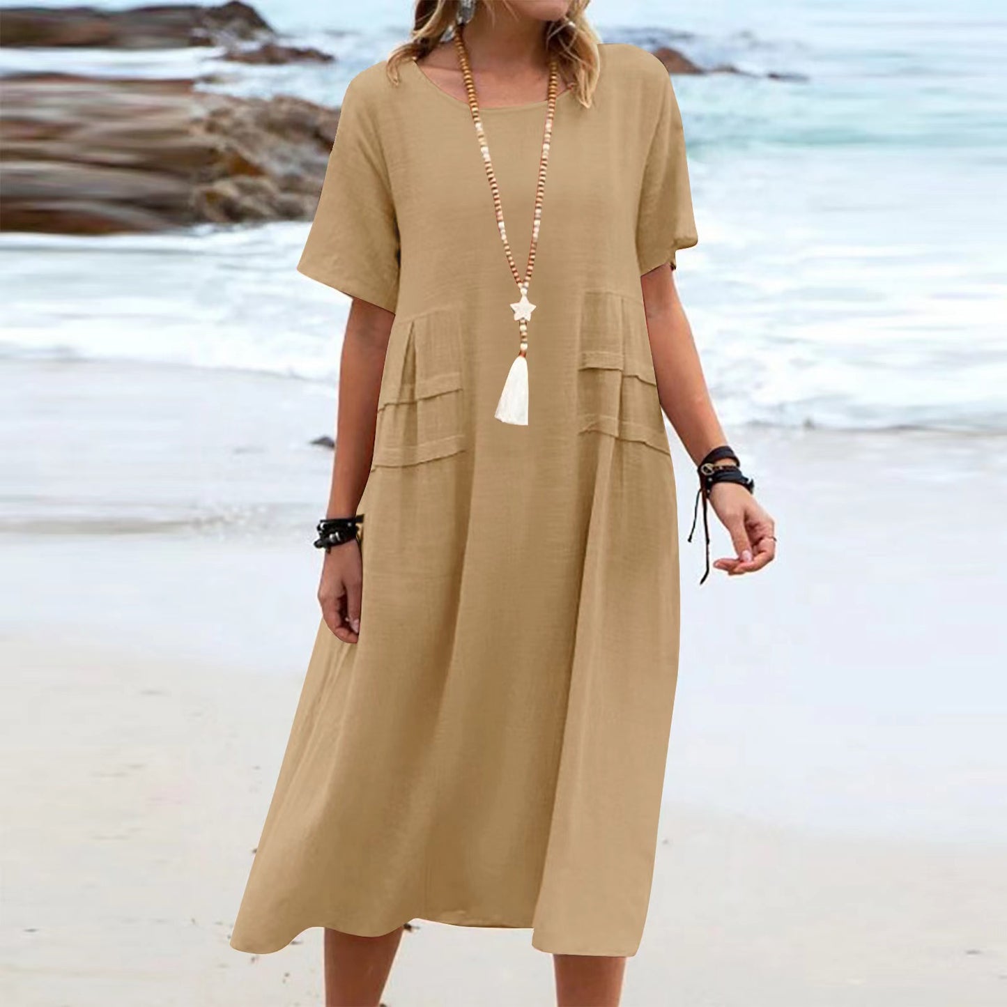 Vestido Midi Suelto Casual de Verano para Mujer de Lino y Algodón Transpirable de Manga Corta Vestidos de Longitud Media Vestido Sencillo de Playa para Mujer