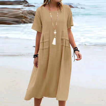 Vestido Midi Suelto Casual de Verano para Mujer de Lino y Algodón Transpirable de Manga Corta Vestidos de Longitud Media Vestido Sencillo de Playa para Mujer