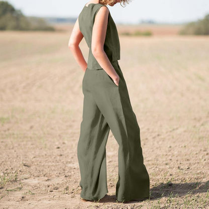 Women's Solid Color Retro Cotton And Linen Long Sleeve Loose Cotton Suit
