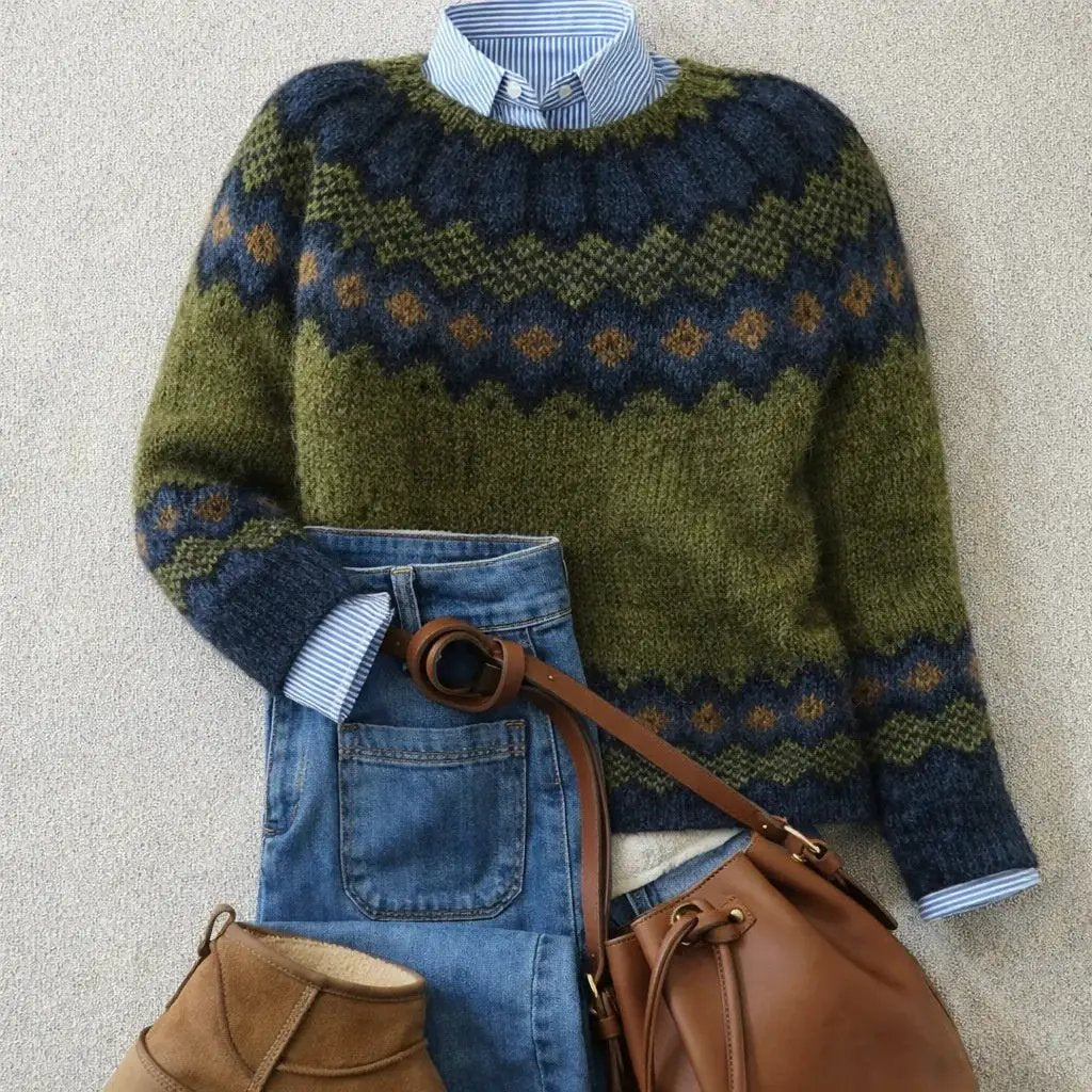 Round-neck multicolor knit pullover sweater in olive, navy, and brown pattern