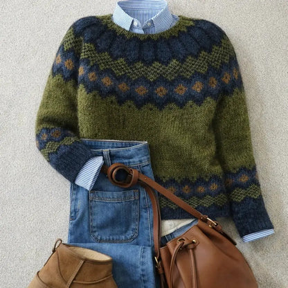 Round-neck multicolor knit pullover sweater in olive, navy, and brown pattern