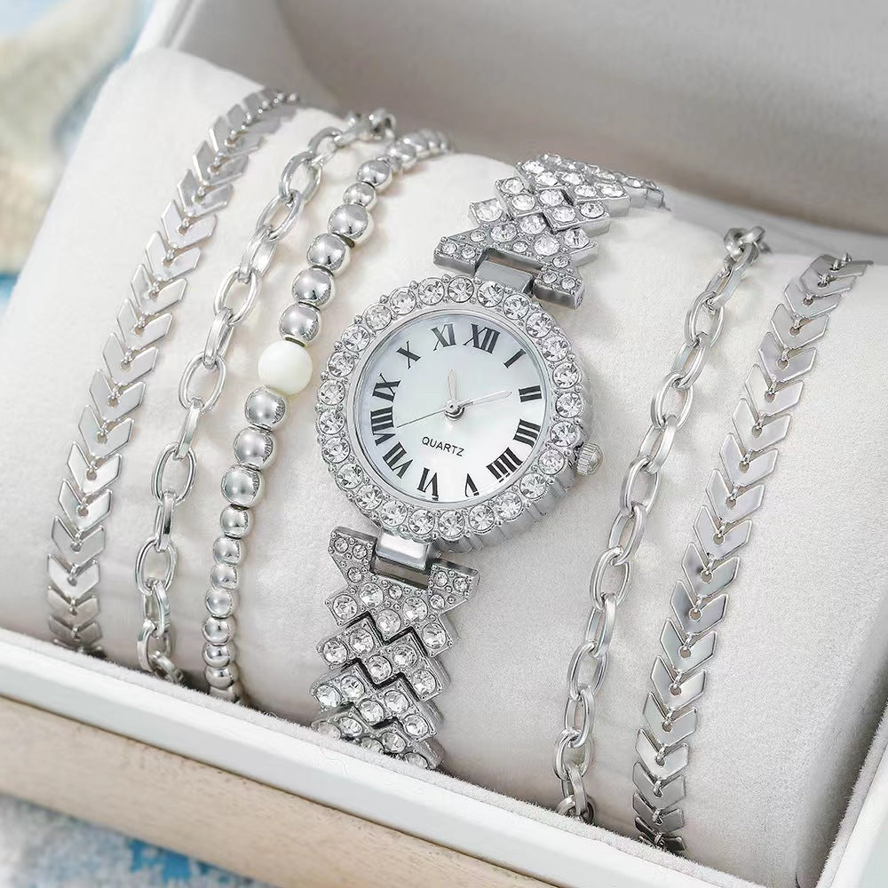 Reloj de pulsera de diamante para mujer, de lujo, a la moda, con caja de regalo, pulsera de reloj, juego de seis piezas
