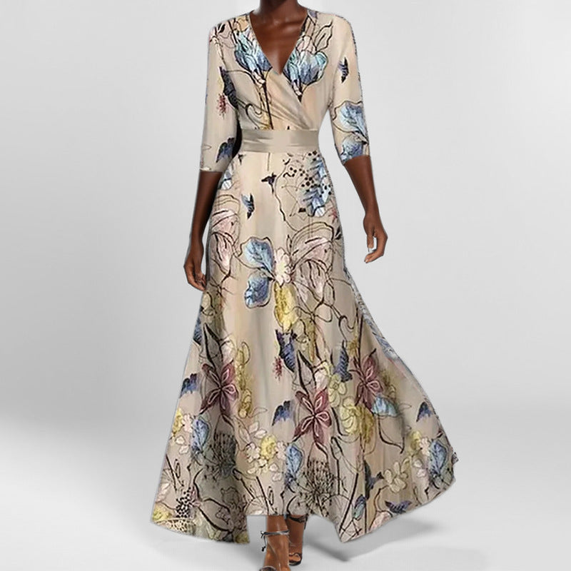 Vestido con estampado de moda, de media manga y cuello en V, de temperamento ajustado, con cintura ceñida para mujer