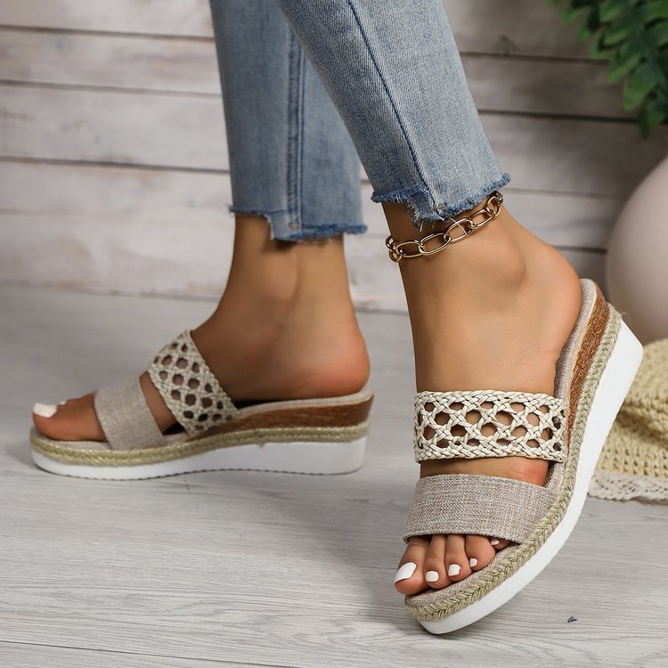 Sandales compensées à bout ouvert en corde et grande taille pour femme