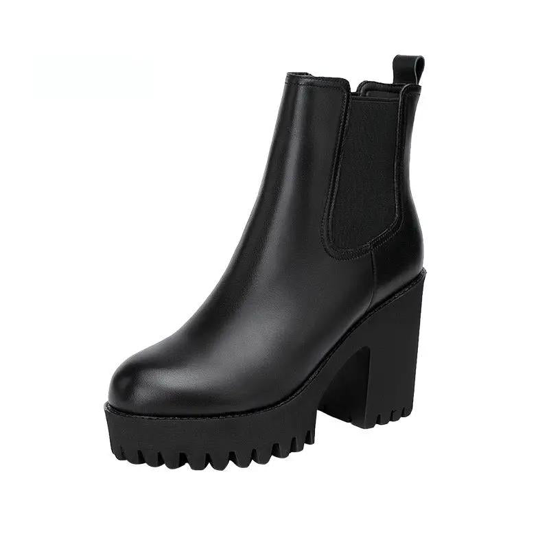 Women's black genuine leather mid-calf boots with elastic side panels and chunky platform heel