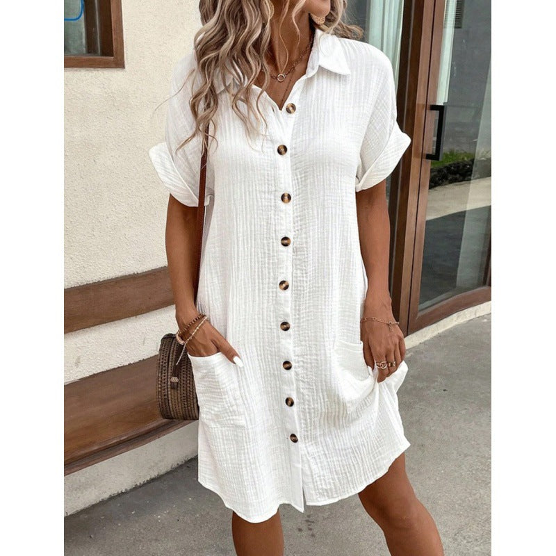 Robe chemise en coton et lin à col en V boutonnée pour femme, simplicité estivale