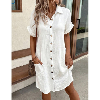 Robe chemise en coton et lin à col en V boutonnée pour femme, simplicité estivale