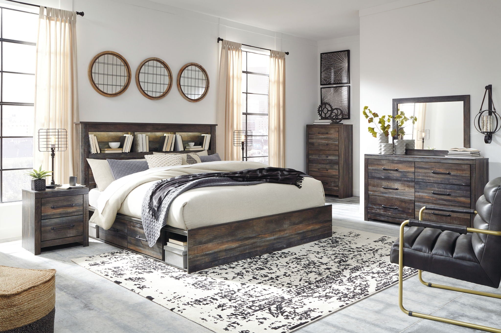 Dark Brown King Bookcase Bed & Storage Set 7-Piece Bedroom Furniture-0