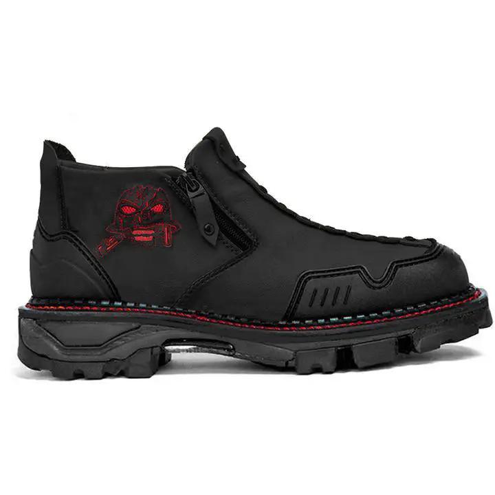 Luma men's black skull Martin boots with red contrast stitching and chunky sole