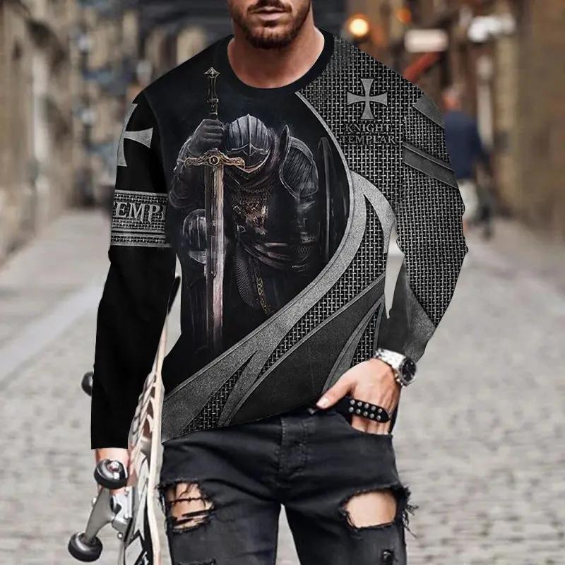 Men's long-sleeve T-shirt with knight-and-sword graphic in black and gray