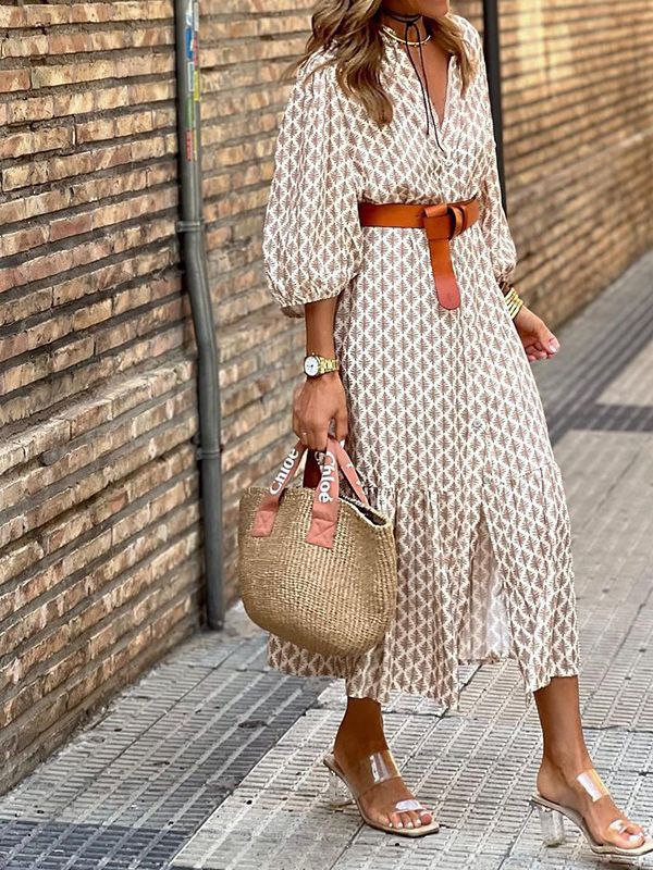Women's Fashion Temperament Printed V-neck Puff Sleeve Dress